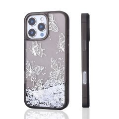iPhone 15 Pro Max Kılıf Sıvılı Simli Kelebek Baskılı Şeffaf Arka Yüzey Glis Silikon Kapak