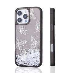 iPhone 15 Pro Max Kılıf Sıvılı Simli Kelebek Baskılı Şeffaf Arka Yüzey Glis Silikon Kapak