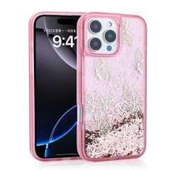 iPhone 15 Pro Max Kılıf Sıvılı Simli Kelebek Baskılı Şeffaf Arka Yüzey Glis Silikon Kapak