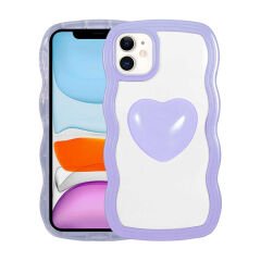 iPhone 11 Kılıf Renkli Kalp Figürlü Ponçik Kapak Mor