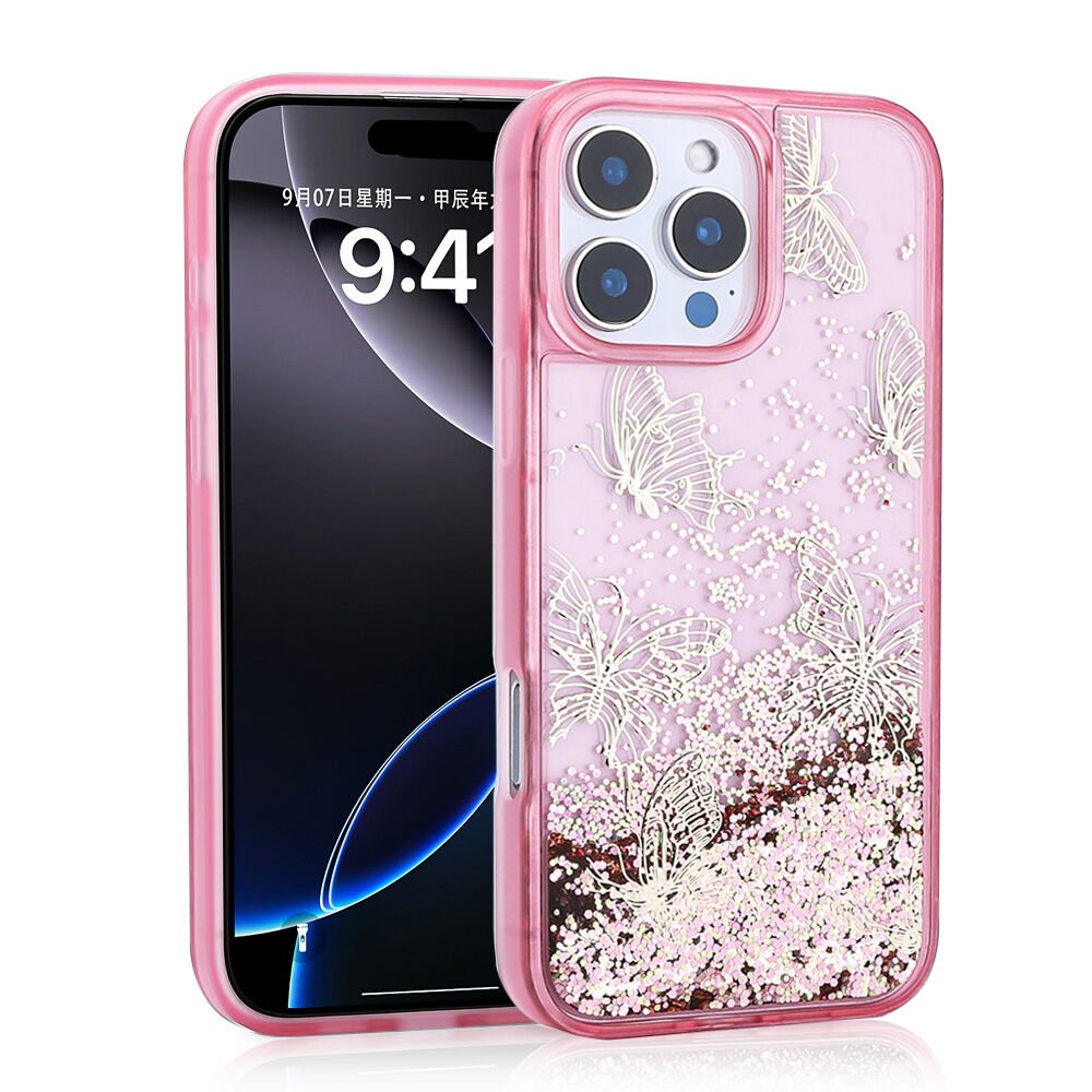 iPhone 15 Pro Max Kılıf Sıvılı Simli Kelebek Baskılı Şeffaf Arka Yüzey Glis Silikon Kapak Pembe