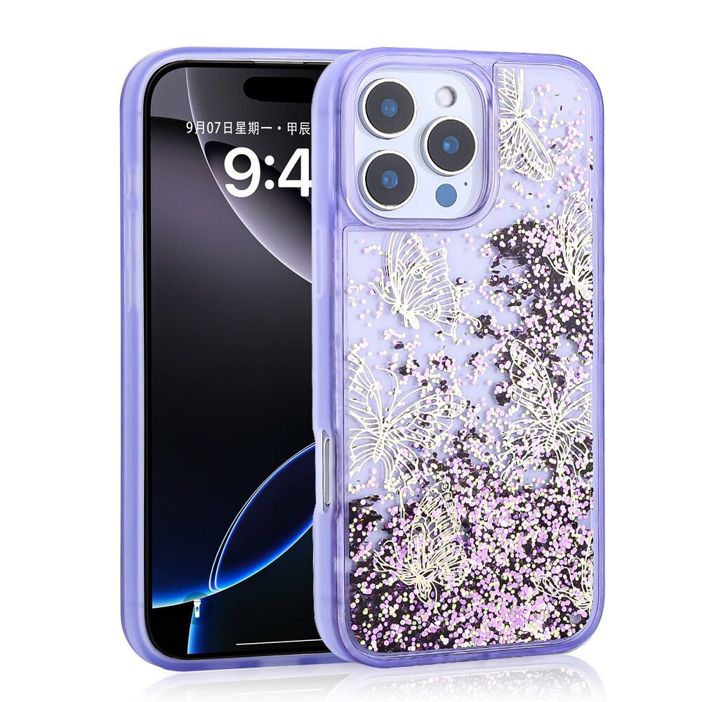 iPhone 15 Pro Max Kılıf Sıvılı Simli Kelebek Baskılı Şeffaf Arka Yüzey Glis Silikon Kapak Mor