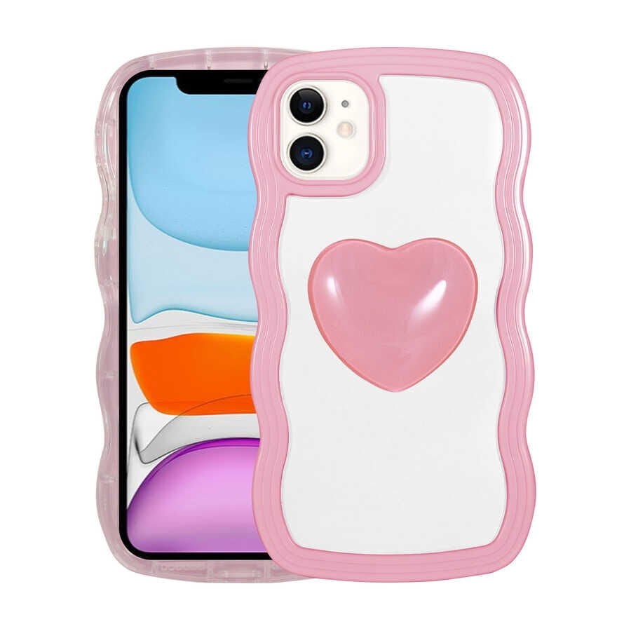 iPhone 11 Kılıf Renkli Kalp Figürlü Ponçik Kapak Pembe