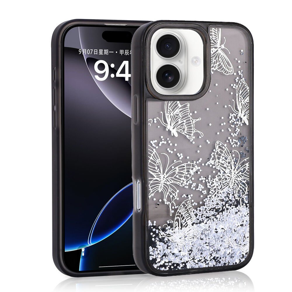iPhone 16 Kılıf Sıvılı Simli Kelebek Baskılı Şeffaf Arka Yüzey Glis Silikon Kapak Siyah