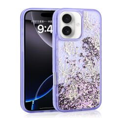iPhone 16 Kılıf Sıvılı Simli Kelebek Baskılı Şeffaf Arka Yüzey Glis Silikon Kapak Mor