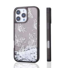 iPhone 16 Pro Kılıf Sıvılı Simli Kelebek Baskılı Şeffaf Arka Yüzey Glis Silikon Kapak