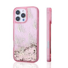 iPhone 16 Pro Kılıf Sıvılı Simli Kelebek Baskılı Şeffaf Arka Yüzey Glis Silikon Kapak