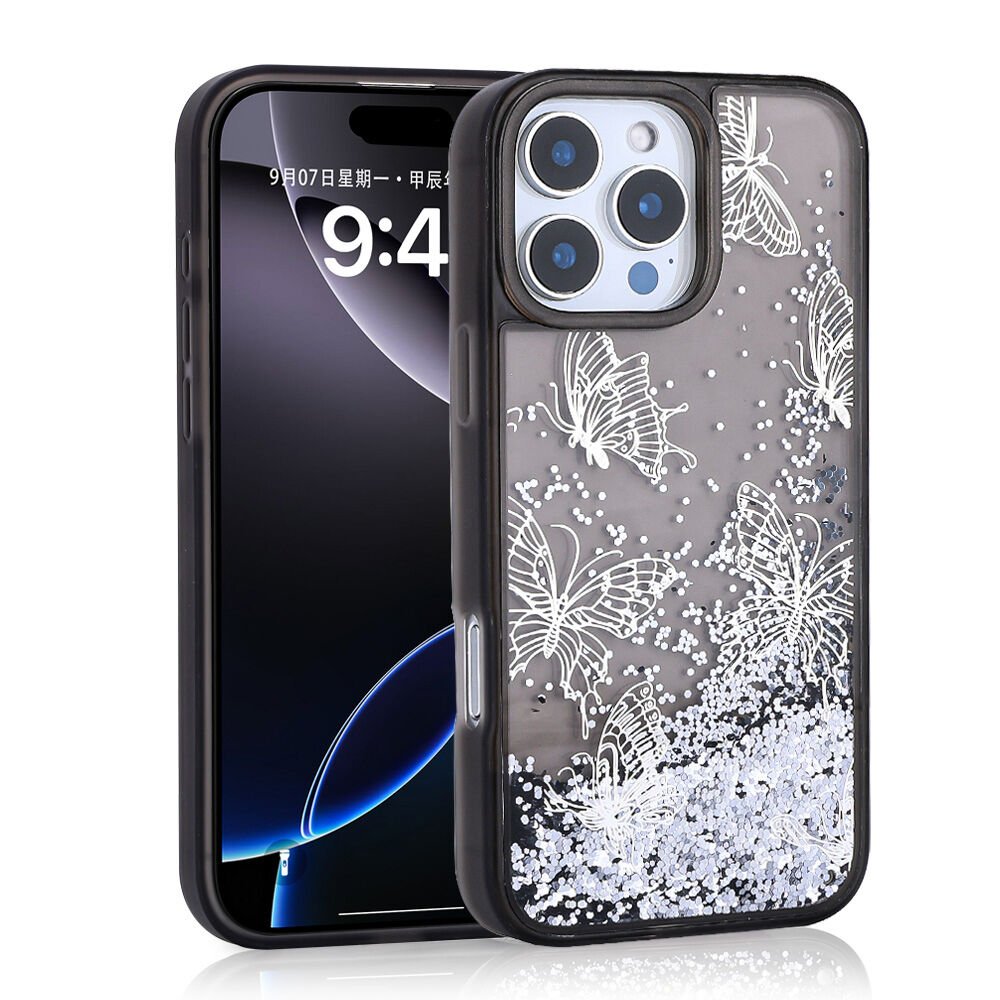 iPhone 16 Pro Kılıf Sıvılı Simli Kelebek Baskılı Şeffaf Arka Yüzey Glis Silikon Kapak Siyah
