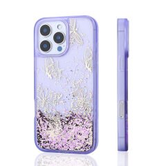 iPhone 16 Pro Max Kılıf Sıvılı Simli Kelebek Baskılı Şeffaf Arka Yüzey Glis Silikon Kapak