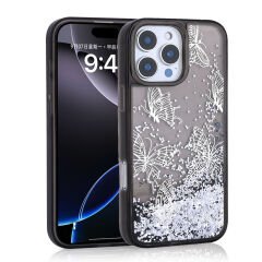 iPhone 16 Pro Max Kılıf Sıvılı Simli Kelebek Baskılı Şeffaf Arka Yüzey Glis Silikon Kapak