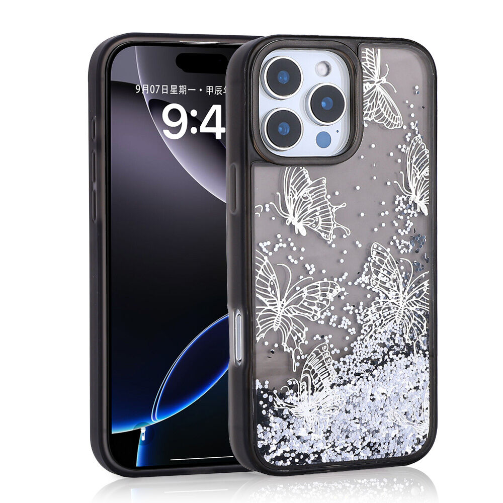 iPhone 16 Pro Max Kılıf Sıvılı Simli Kelebek Baskılı Şeffaf Arka Yüzey Glis Silikon Kapak Siyah