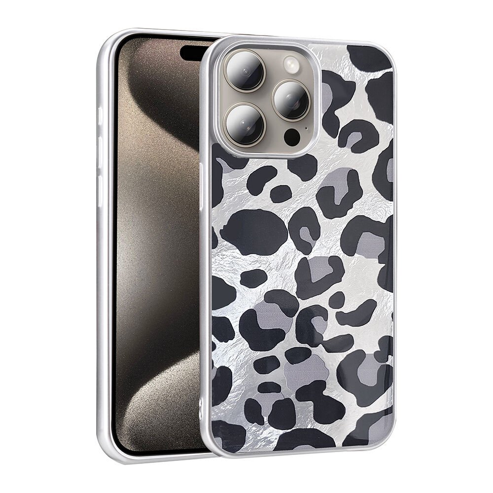 iPhone 15 Pro Kılıf Desenli Mep Kapak Gri Leopar