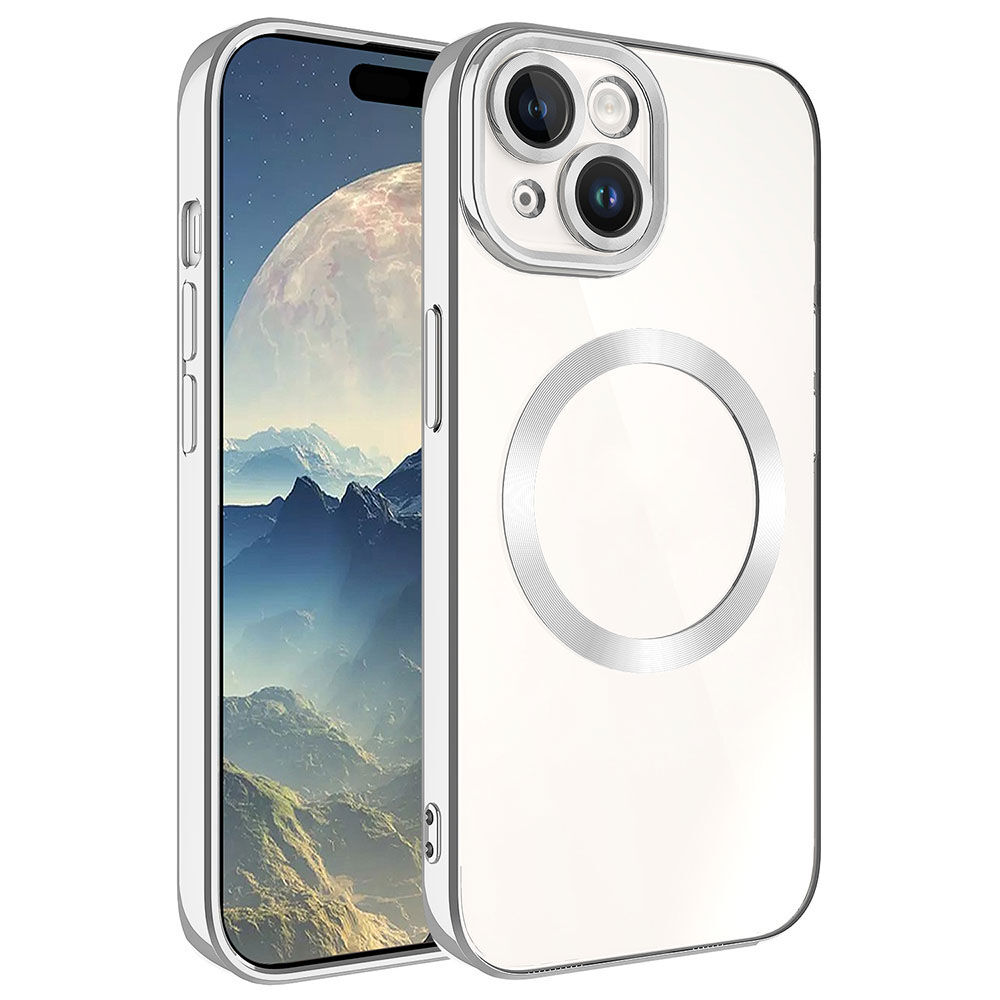 iPhone 15 Plus Kılıf Magsafe Wireless Şarj Özellikli Setro Silikon Gümüş