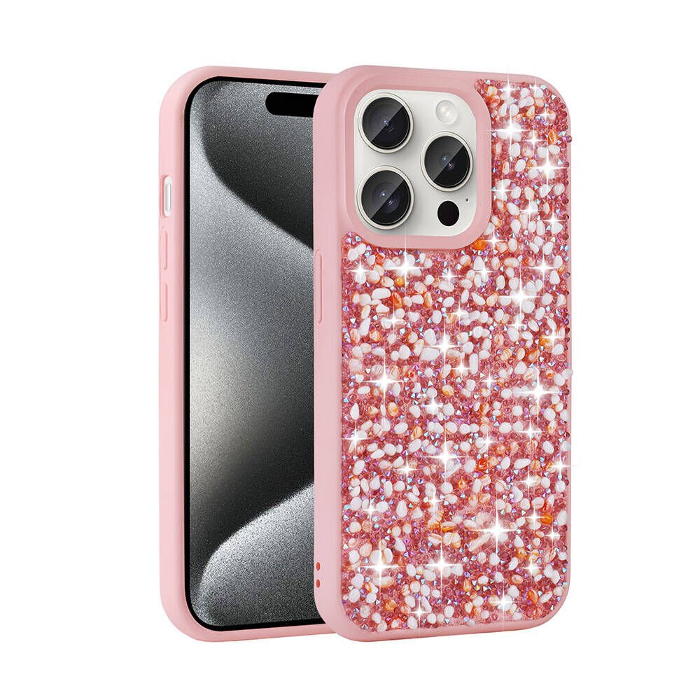 iPhone 15 Pro Max Kılıf Parlak Taşlı Tasarım Linea Kapak Pembe