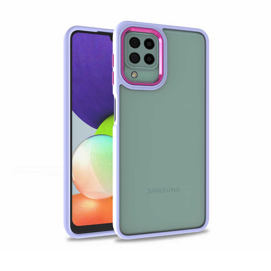 Samsung Galaxy A22 4G Kılıf Kamera Çıkıntılı Arkası Şeffaf Köşeleri Parlak Renkli Işlemeli Flora Kapak Lila