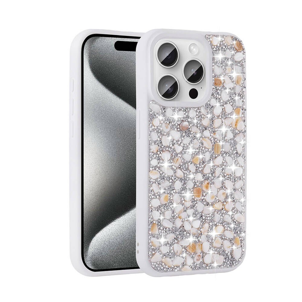 iPhone 15 Pro Max Kılıf Parlak Taşlı Tasarım Linea Kapak Beyaz