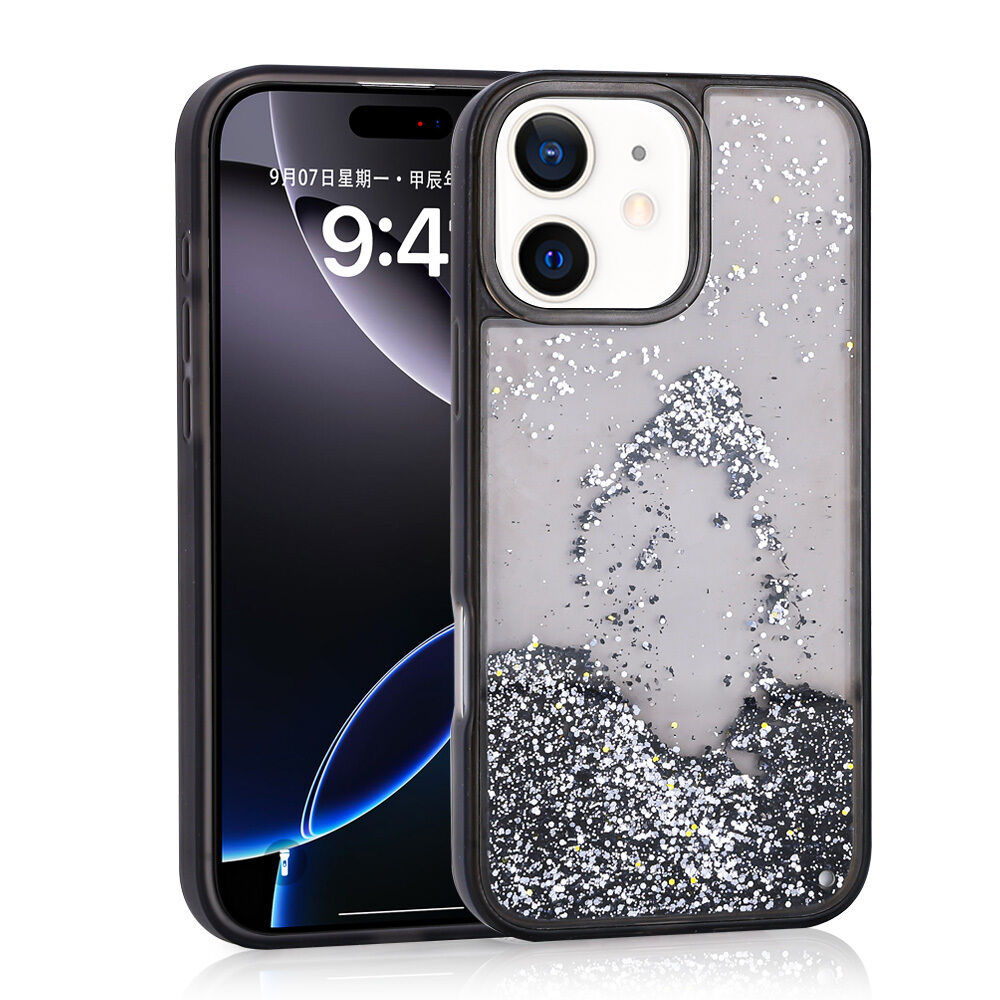 iPhone 12 Kılıf Sıvılı Simli Şeffaf Arka Yüzey Keto Silikon Kapak Siyah