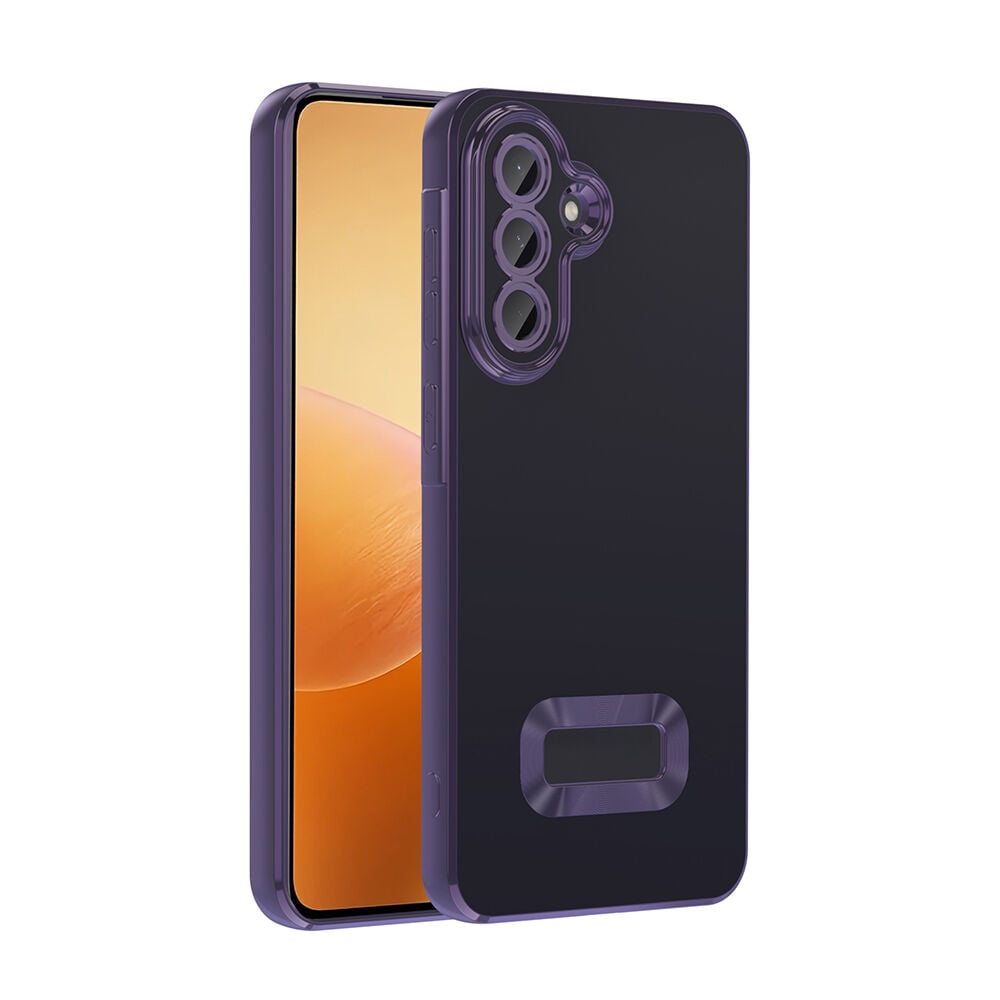 Samsung Galaxy A36 Logo Gösteren Parlak Kenarlı Kamera Lens Korumalı Şeffaf Omega Silikon Kapak Derin Mor