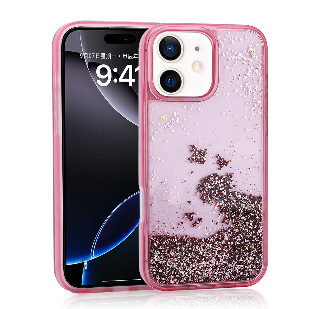 iPhone 12 Kılıf Sıvılı Simli Şeffaf Arka Yüzey Keto Silikon Kapak Pembe