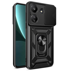 Xiaomi Redmi 13C Tank Kılıf Magnetik Standlı Kamera Korumalı Sürgülü Vega Kapak Siyah