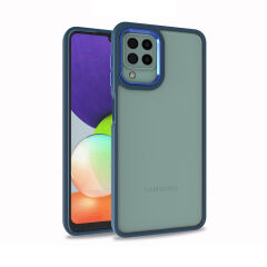 Samsung Galaxy A12 Kılıf Kamera Çıkıntılı Arkası Şeffaf Köşeleri Parlak Renkli Işlemeli Flora Kapak Mavi