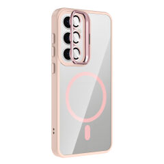 Samsung Galaxy S25 FE Kılıf Standlı ve Kamera Lens Hediyeli M-Safe Şarj Özellikli Etro Kapak Pembe
