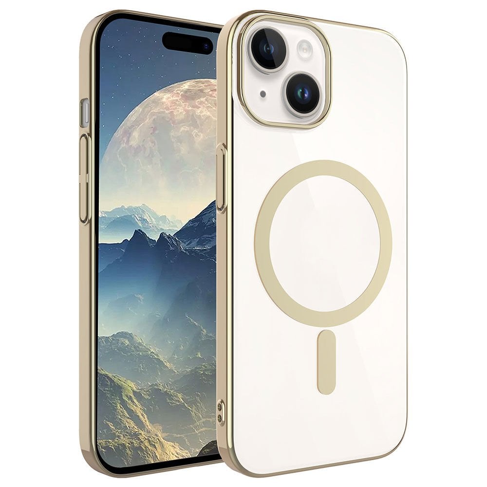 iPhone 15 Plus Kılıf Wireless Şarj Özellikli Pixel Magsafe Kapak Gold