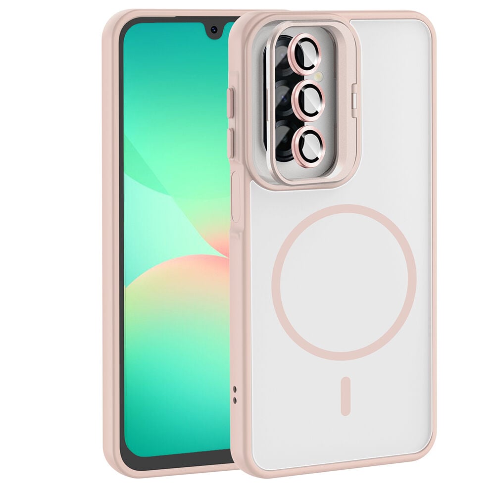 Samsung Galaxy A17 Kılıf Standlı ve Kamera Lens Hediyeli Etro Kapak Pembe