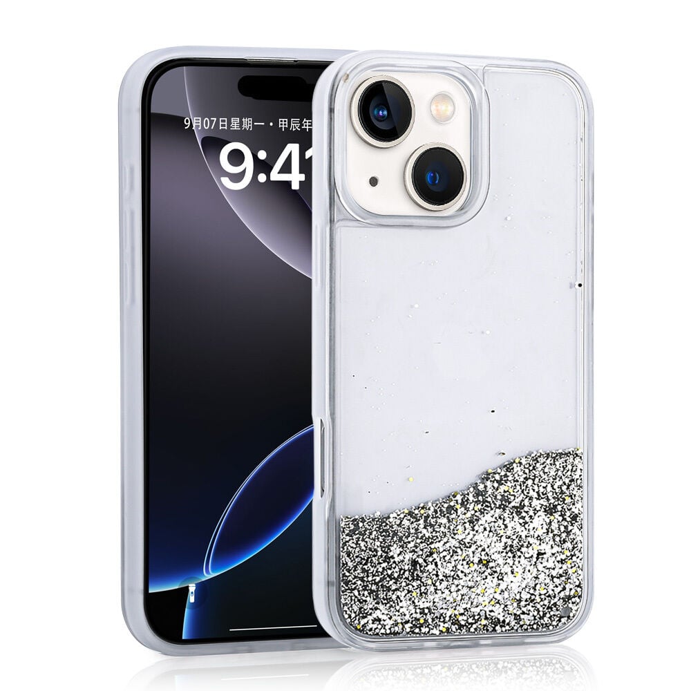 iPhone 14 Kılıf Sıvılı Simli Şeffaf Arka Yüzey Keto Silikon Kapak