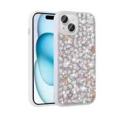 iPhone 15 Kılıf Parlak Taşlı Tasarım Linea Kapak Pembe