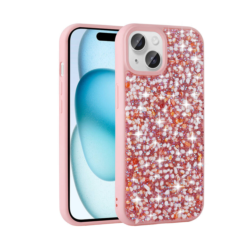iPhone 15 Kılıf Parlak Taşlı Tasarım Linea Kapak Pembe