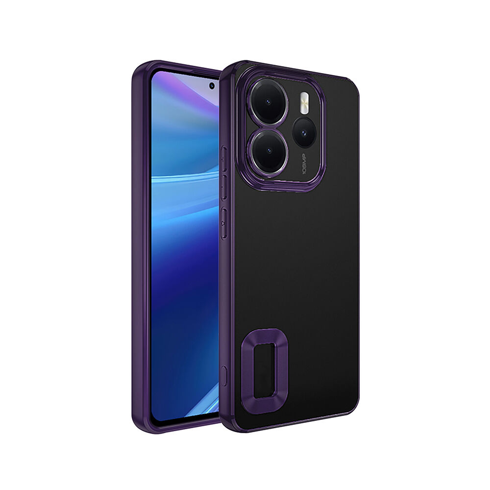 Xiaomi Redmi Note 14 4G Kılıf Logo Gösteren Parlak Kenarlı Kamera Lens Korumalı Şeffaf Omega Silikon Kapak Derin Mor