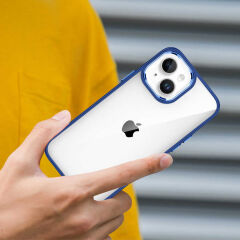 iPhone 14 Kılıf Kamera Çıkıntılı Arkası Şeffaf Köşeleri Parlak Renkli Işlemeli Flora Kapak Lacivert