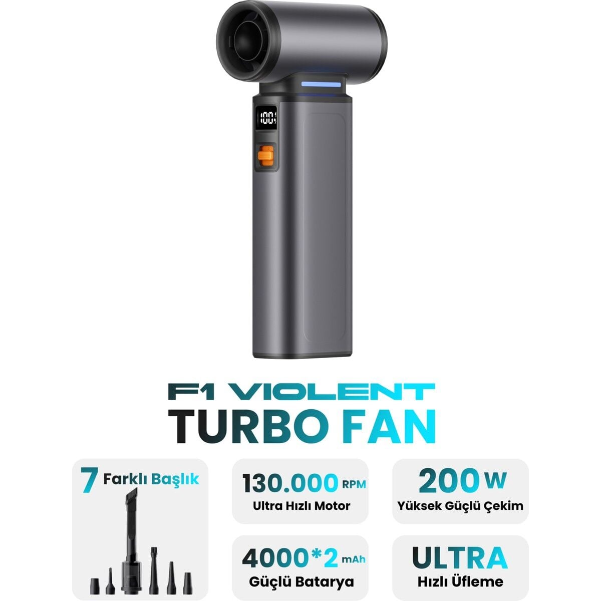 F1 Violent Turbo Jet Fan 130000RPM Ultra Güçlü Motor Güçlü Vakum 4000MAH Bataryalı Üflemeli