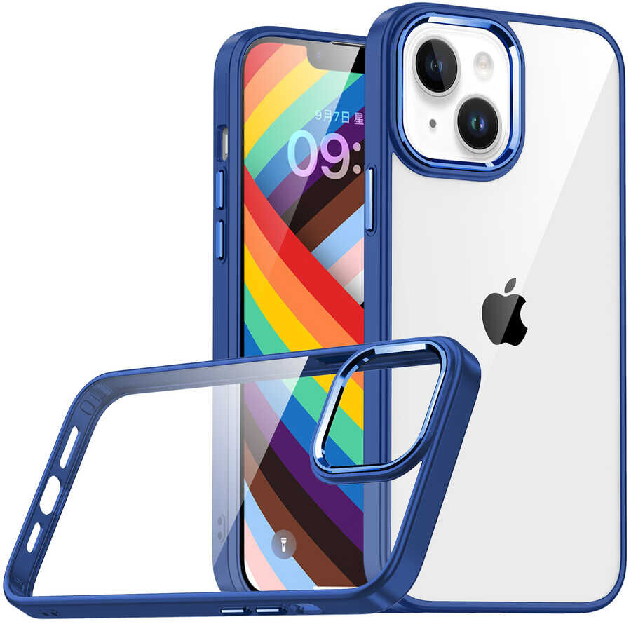 iPhone 14 Kılıf Kamera Çıkıntılı Arkası Şeffaf Köşeleri Parlak Renkli Işlemeli Flora Kapak Lacivert