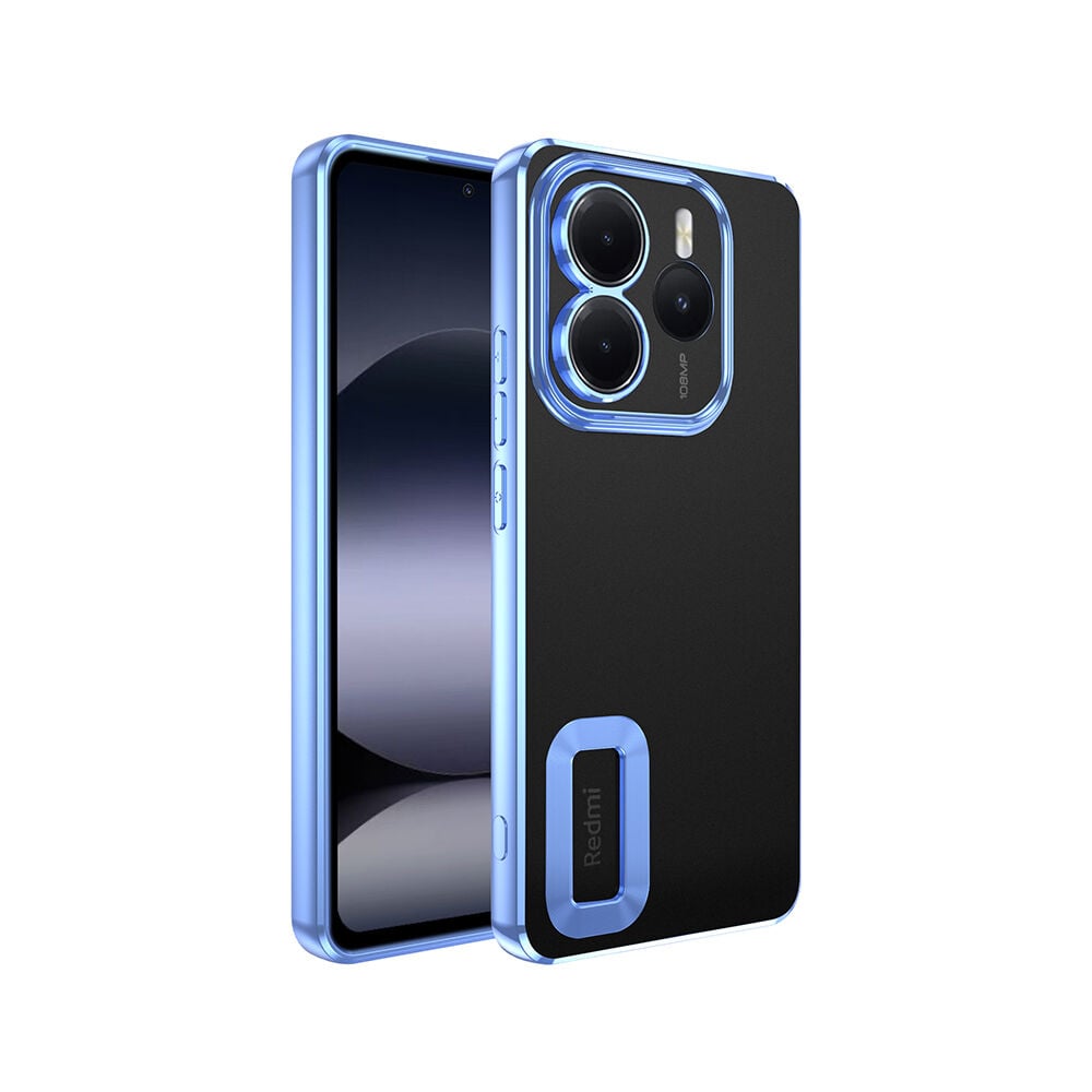 Xiaomi Redmi Note 14 5G Kılıf Logo Gösteren Parlak Kenarlı Kamera Lens Korumalı Şeffaf Omega Silikon Kapak Sierra Mavi