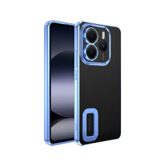 Xiaomi Redmi Note 14 5G Kılıf Logo Gösteren Parlak Kenarlı Kamera Lens Korumalı Şeffaf Omega Silikon Kapak Sierra Mavi