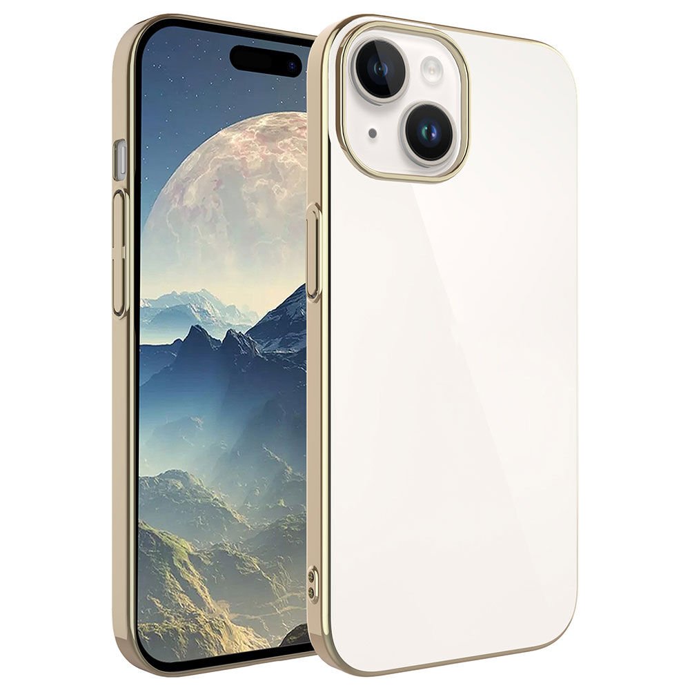 iPhone 15 Plus Kılıf Sert PC Renkli Çerçeveli Riksos Kapak Gold