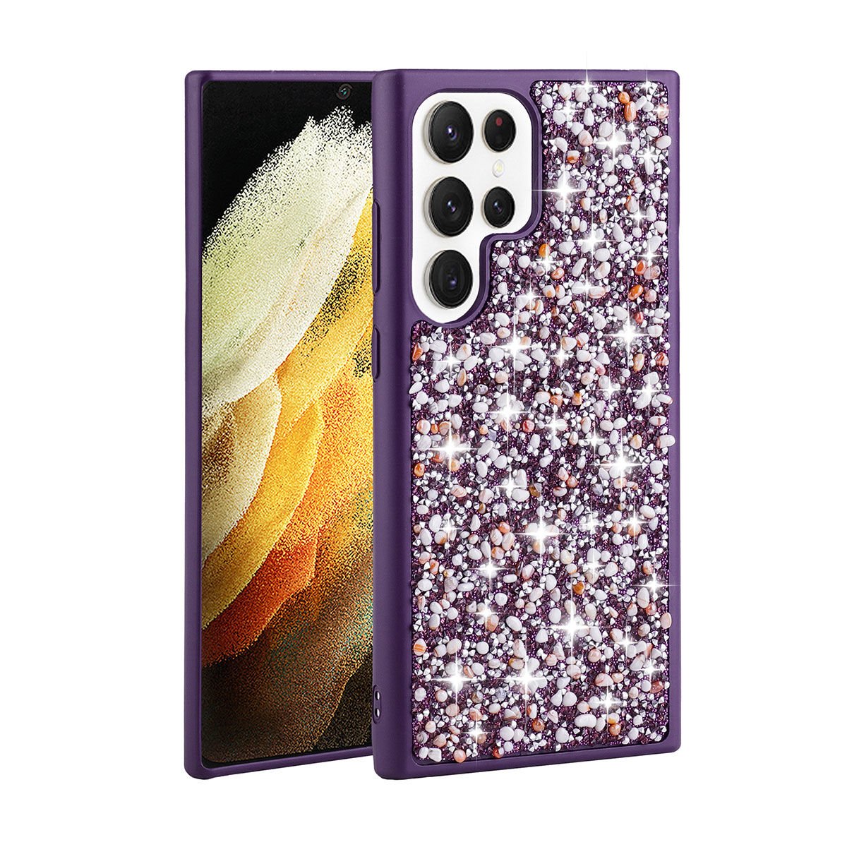 Samsung Galaxy S23 Ultra Kılıf Parlak Taşlı Tasarım Linea Kapak Derin Mor