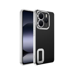 Xiaomi Redmi Note 14 5G Kılıf Logo Gösteren Parlak Kenarlı Kamera Lens Korumalı Şeffaf Omega Silikon Kapak Gümüş
