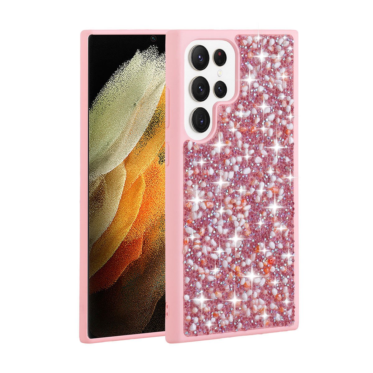 Samsung Galaxy S23 Ultra Kılıf Parlak Taşlı Tasarım Linea Kapak Pembe