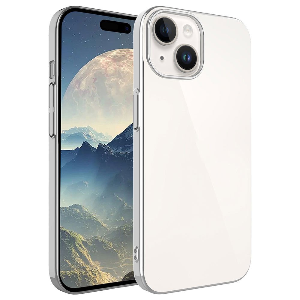 iPhone 15 Plus Kılıf Sert PC Renkli Çerçeveli Riksos Kapak Gümüş