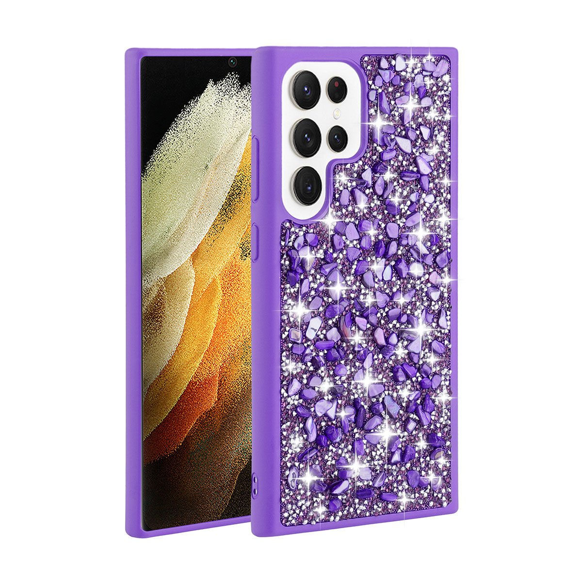 Samsung Galaxy S23 Ultra Kılıf Parlak Taşlı Tasarım Linea Kapak Mor