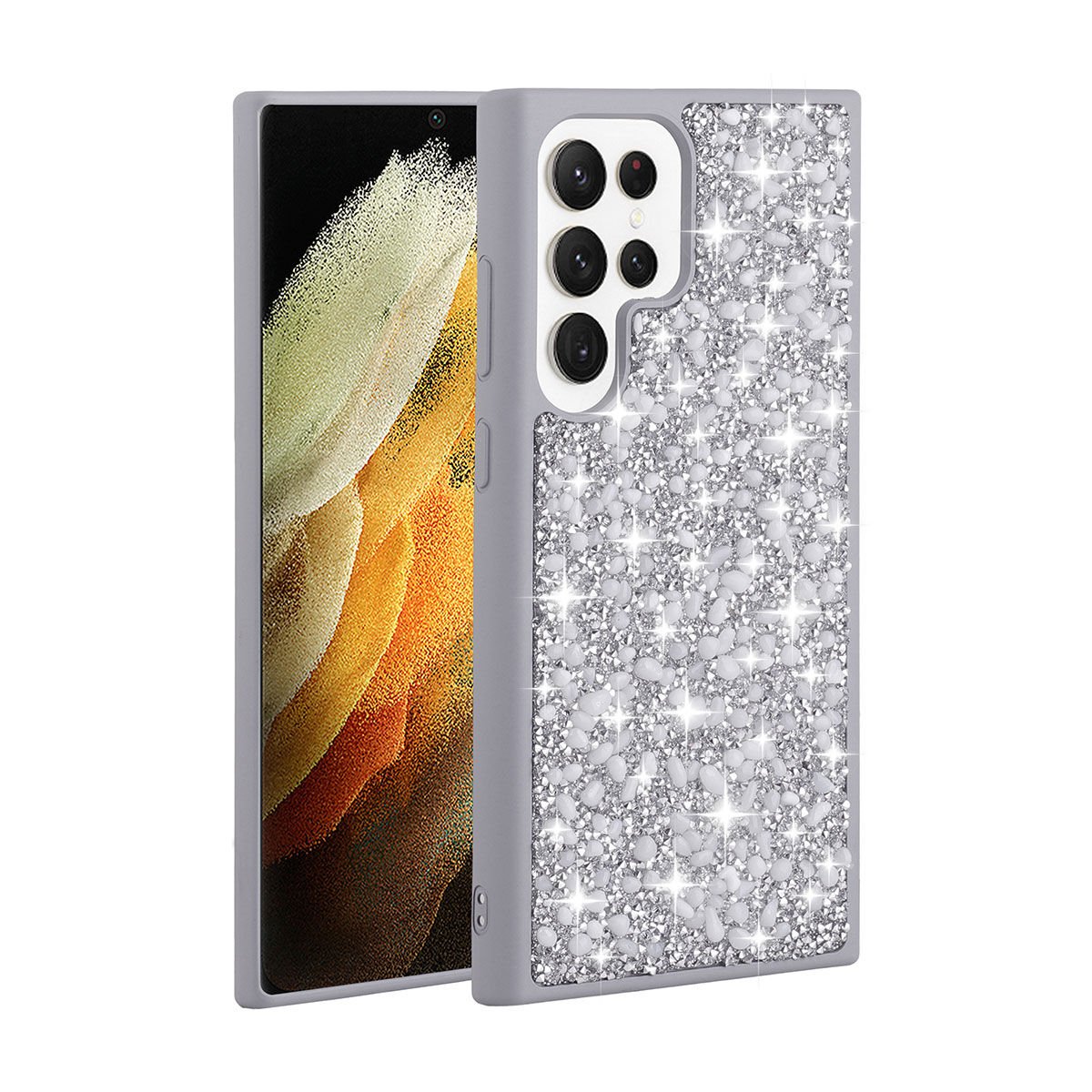 Samsung Galaxy S23 Ultra Kılıf Parlak Taşlı Tasarım Linea Kapak Gümüş