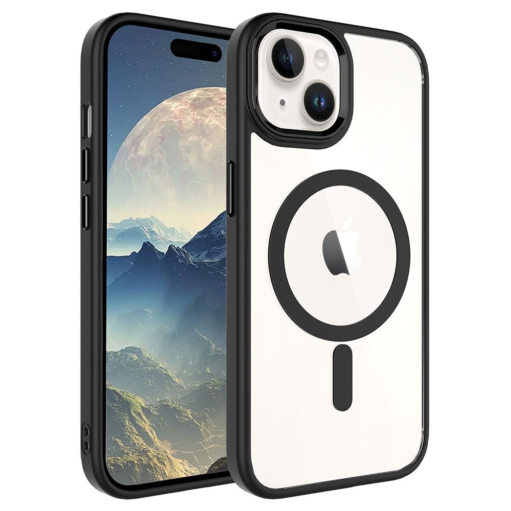 iPhone 15 Plus Kılıf Wireless Şarj Özellikli Krom Magsafe Silikon Kapak Kılıf Siyah