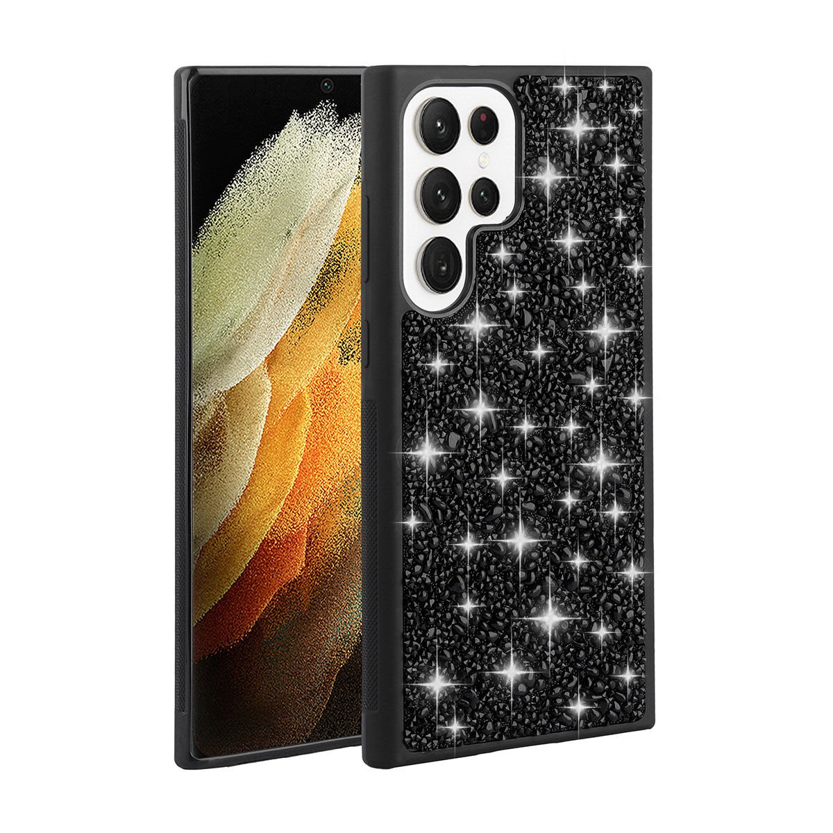 Samsung Galaxy S23 Ultra Kılıf Parlak Taşlı Tasarım Linea Kapak Siyah
