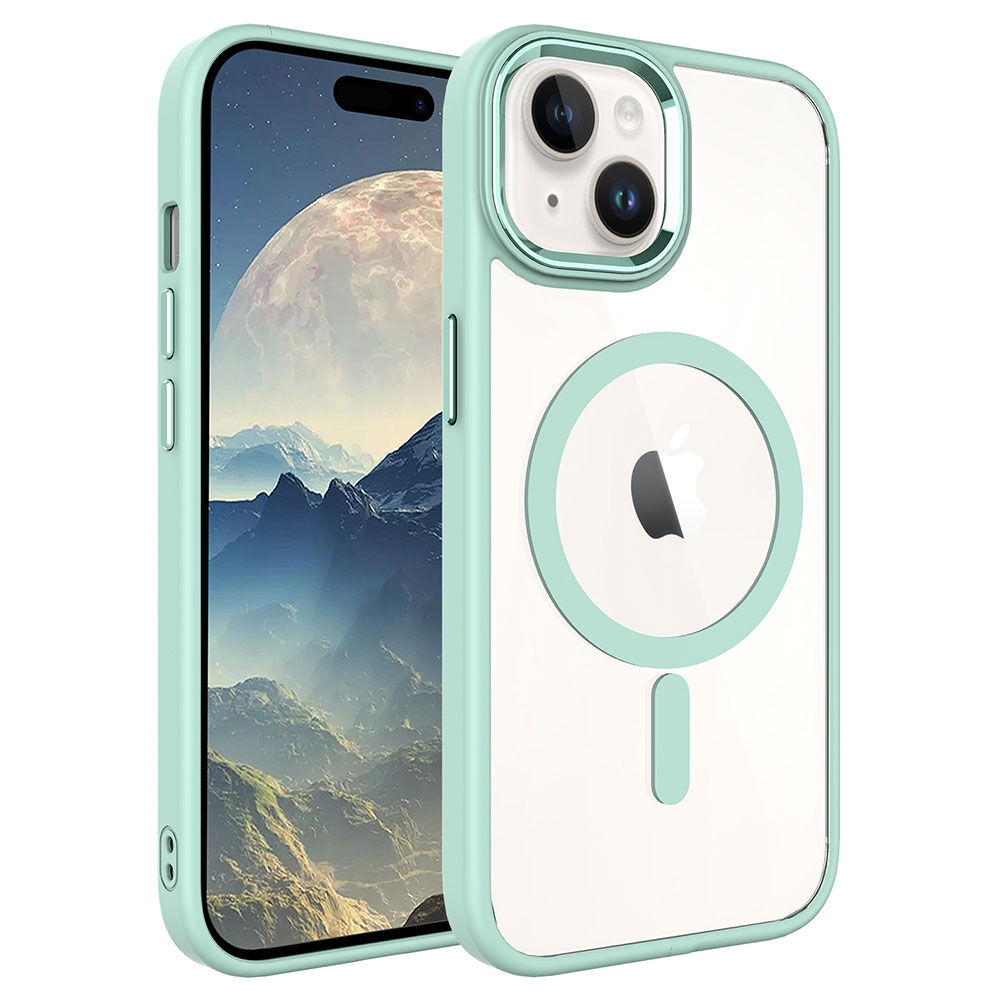 iPhone 15 Plus Kılıf Wireless Şarj Özellikli Krom Magsafe Silikon Kapak Kılıf Yeşil
