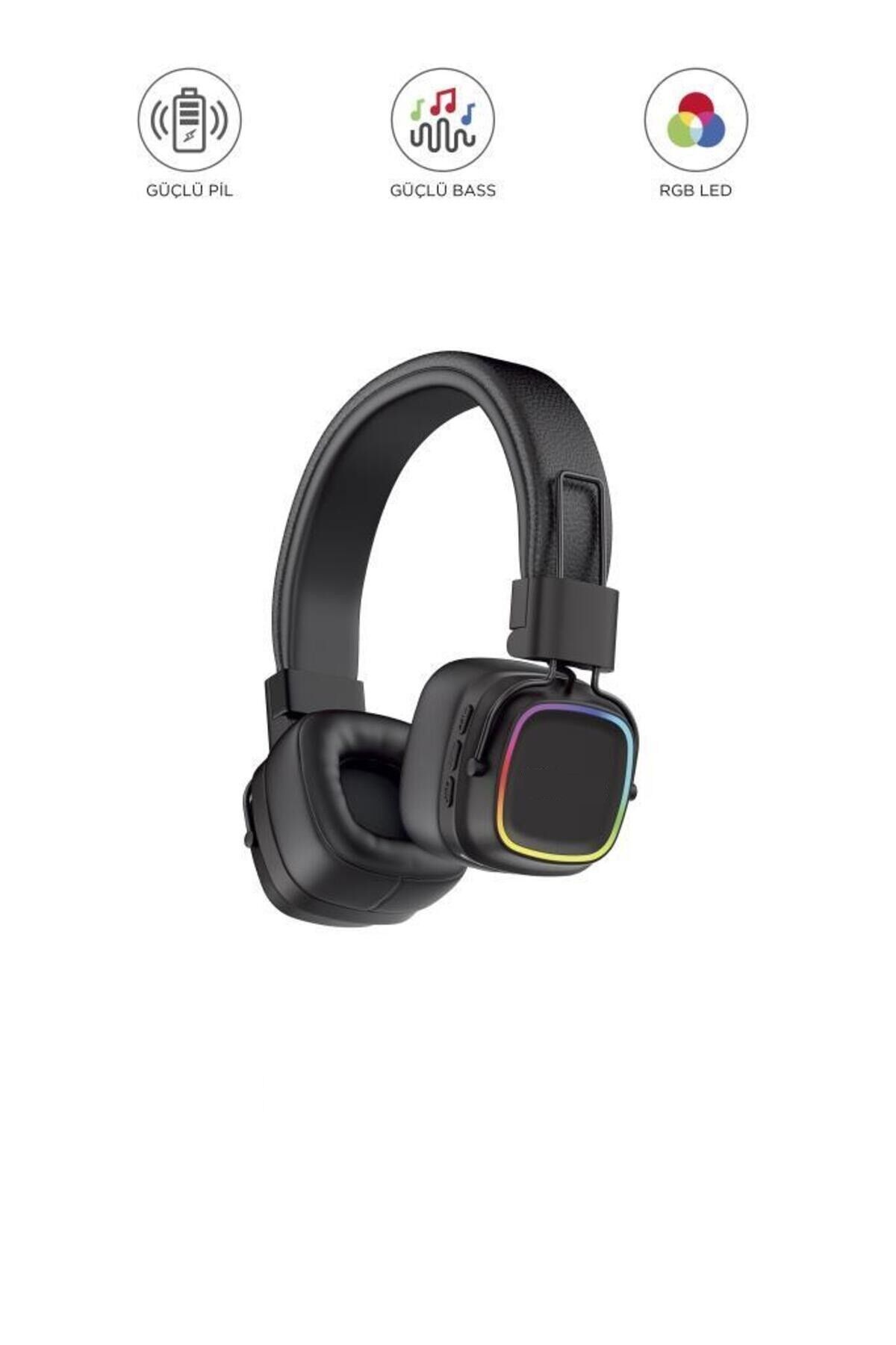 HD-12 Siyah RGB Işıklı Güçlü Bas Kulak Üstü Kablosuz Bluetooth Kulaklık