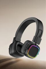 HD-12 Siyah RGB Işıklı Güçlü Bas Kulak Üstü Kablosuz Bluetooth Kulaklık