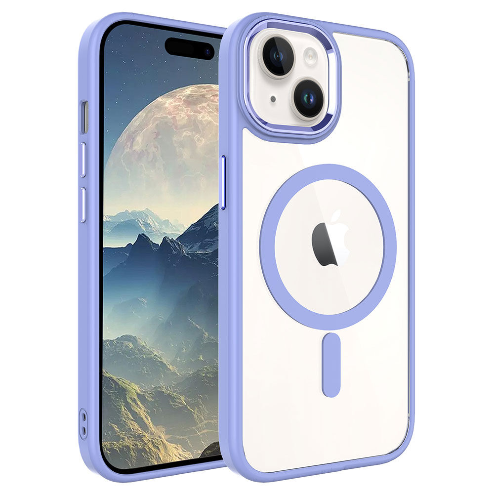 iPhone 15 Plus Kılıf Wireless Şarj Özellikli Krom Magsafe Silikon Kapak Kılıf Lila